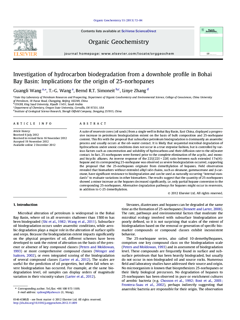 Investigation of hydrocarbon biodegradation from a downhole profile in Bohai Bay Basin: Implications for the origin of 25-norhopanes