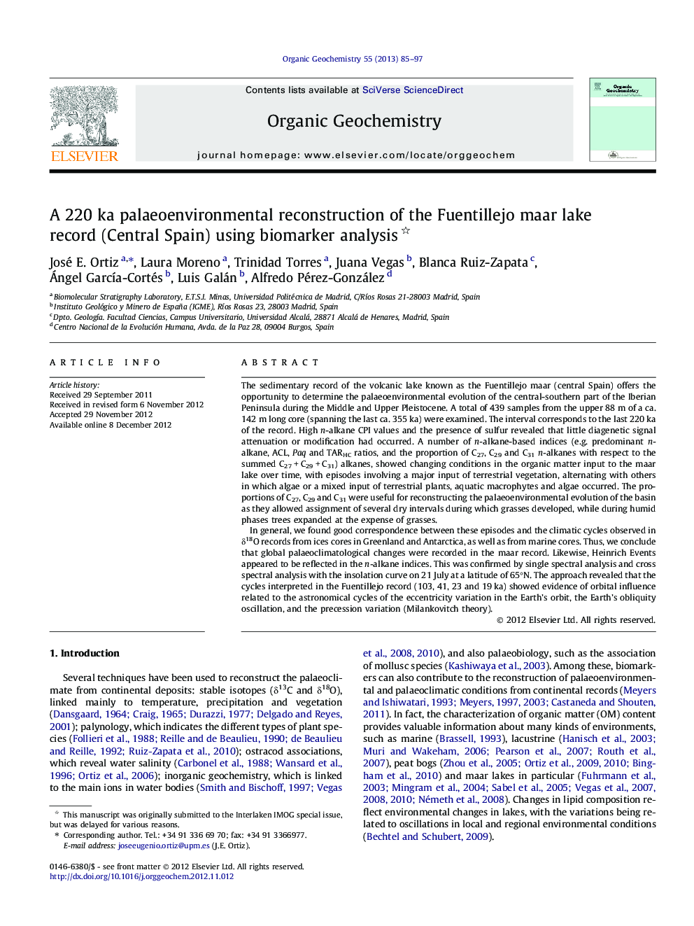 A 220 ka palaeoenvironmental reconstruction of the Fuentillejo maar lake record (Central Spain) using biomarker analysis