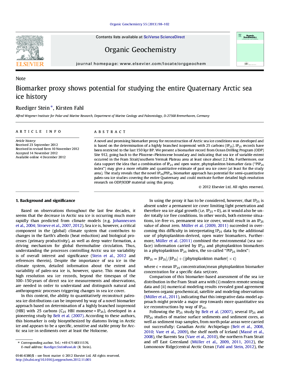 عکس صفحه اول مقاله: Biomarker proxy shows potential for studying the entire Quaternary Arctic sea ice history Biomarker proxy shows potential for studying the entire Quaternary Arctic sea ice history