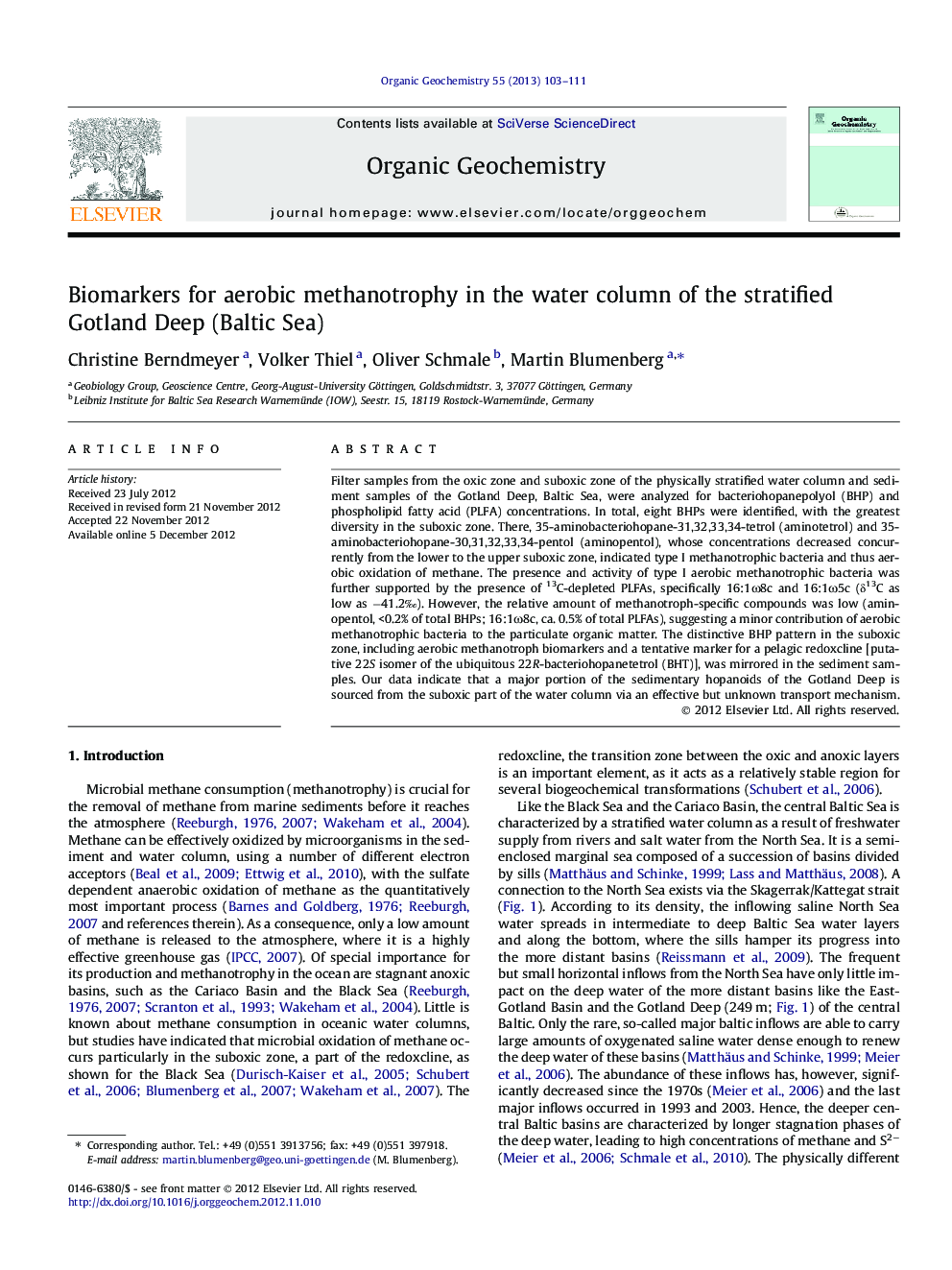 عکس صفحه اول مقاله: Biomarkers for aerobic methanotrophy in the water column of the stratified Gotland Deep (Baltic Sea) Biomarkers for aerobic methanotrophy in the water column of the stratified Gotland Deep (Baltic Sea)