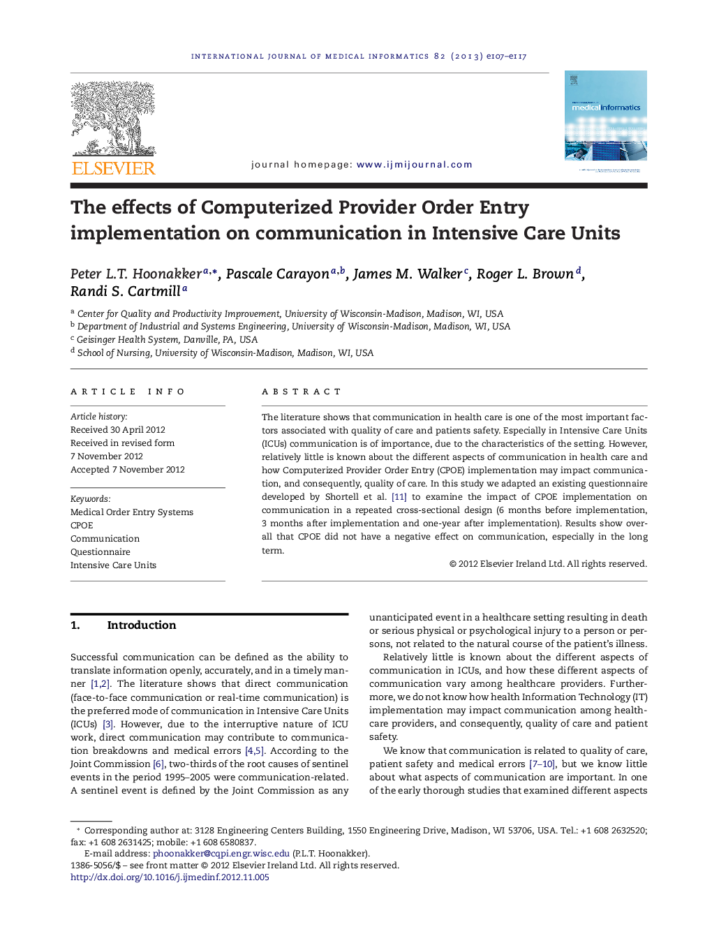 The effects of Computerized Provider Order Entry implementation on communication in Intensive Care Units