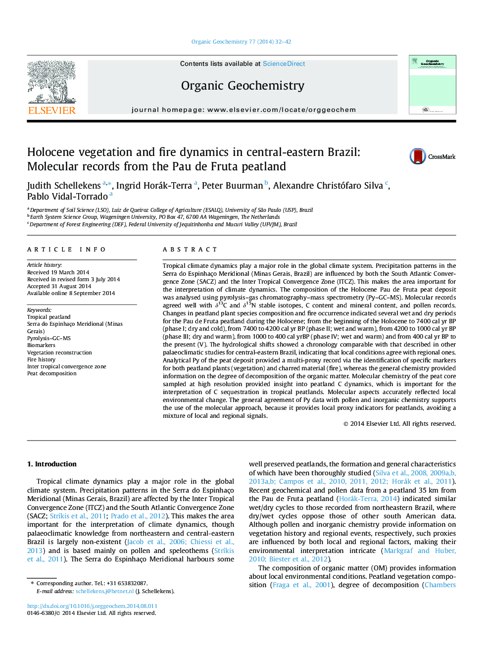 Holocene vegetation and fire dynamics in central-eastern Brazil: Molecular records from the Pau de Fruta peatland