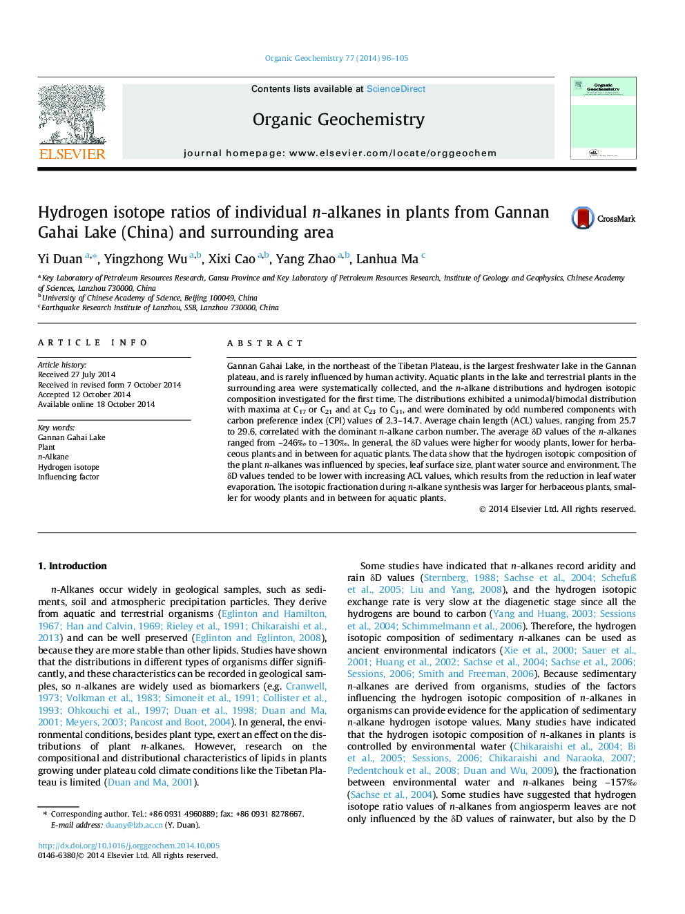 Hydrogen isotope ratios of individual n-alkanes in plants from Gannan Gahai Lake (China) and surrounding area