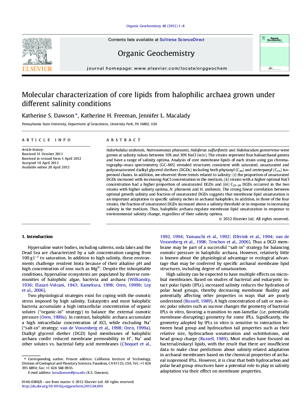 Molecular characterization of core lipids from halophilic archaea grown under different salinity conditions