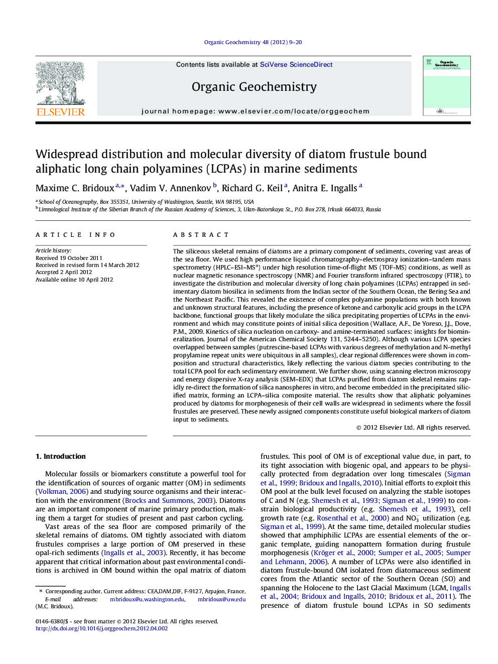 عکس صفحه اول مقاله: Widespread distribution and molecular diversity of diatom frustule bound aliphatic long chain polyamines (LCPAs) in marine sediments Widespread distribution and molecular diversity of diatom frustule bound aliphatic long chain polyamines (LCPAs) in marine sediments