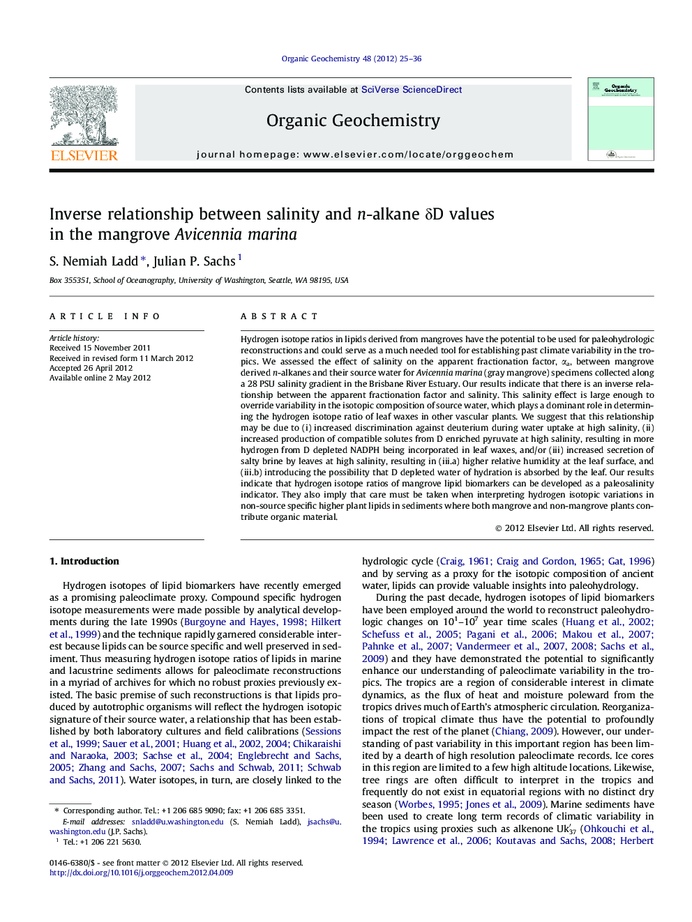 Inverse relationship between salinity and n-alkane Î´D values in the mangrove Avicennia marina