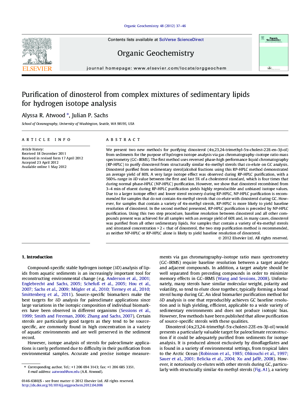 Purification of dinosterol from complex mixtures of sedimentary lipids for hydrogen isotope analysis