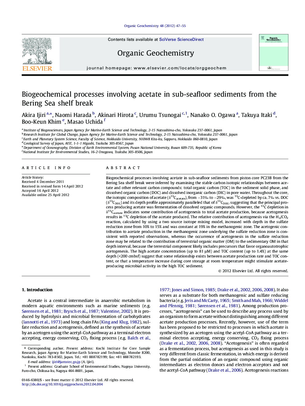Biogeochemical processes involving acetate in sub-seafloor sediments from the Bering Sea shelf break