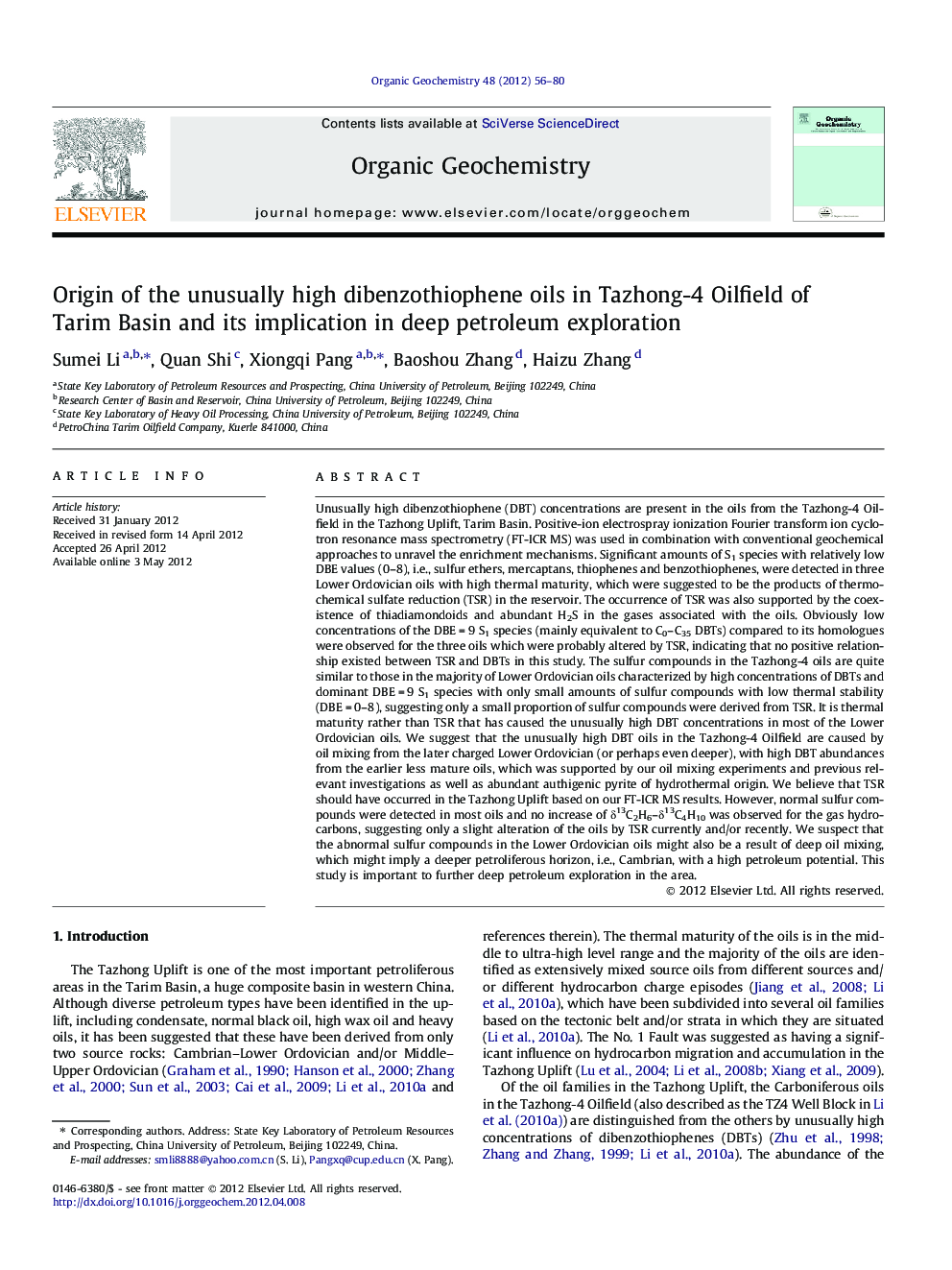 عکس صفحه اول مقاله: Origin of the unusually high dibenzothiophene oils in Tazhong-4 Oilfield of Tarim Basin and its implication in deep petroleum exploration Origin of the unusually high dibenzothiophene oils in Tazhong-4 Oilfield of Tarim Basin and its implication in deep petroleum exploration