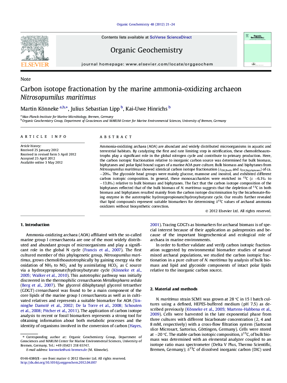 Carbon isotope fractionation by the marine ammonia-oxidizing archaeon Nitrosopumilus maritimus