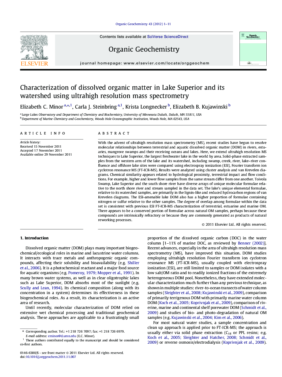 Characterization of dissolved organic matter in Lake Superior and its watershed using ultrahigh resolution mass spectrometry