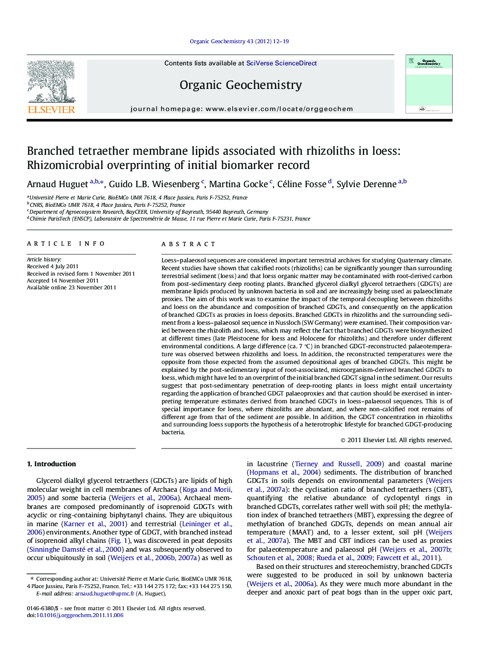 Branched tetraether membrane lipids associated with rhizoliths in loess: Rhizomicrobial overprinting of initial biomarker record