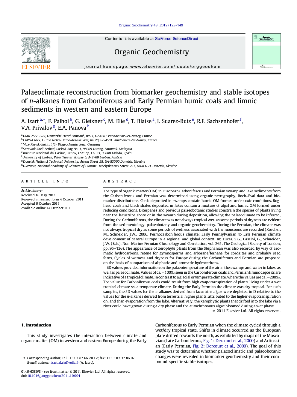 Palaeoclimate reconstruction from biomarker geochemistry and stable isotopes of n-alkanes from Carboniferous and Early Permian humic coals and limnic sediments in western and eastern Europe