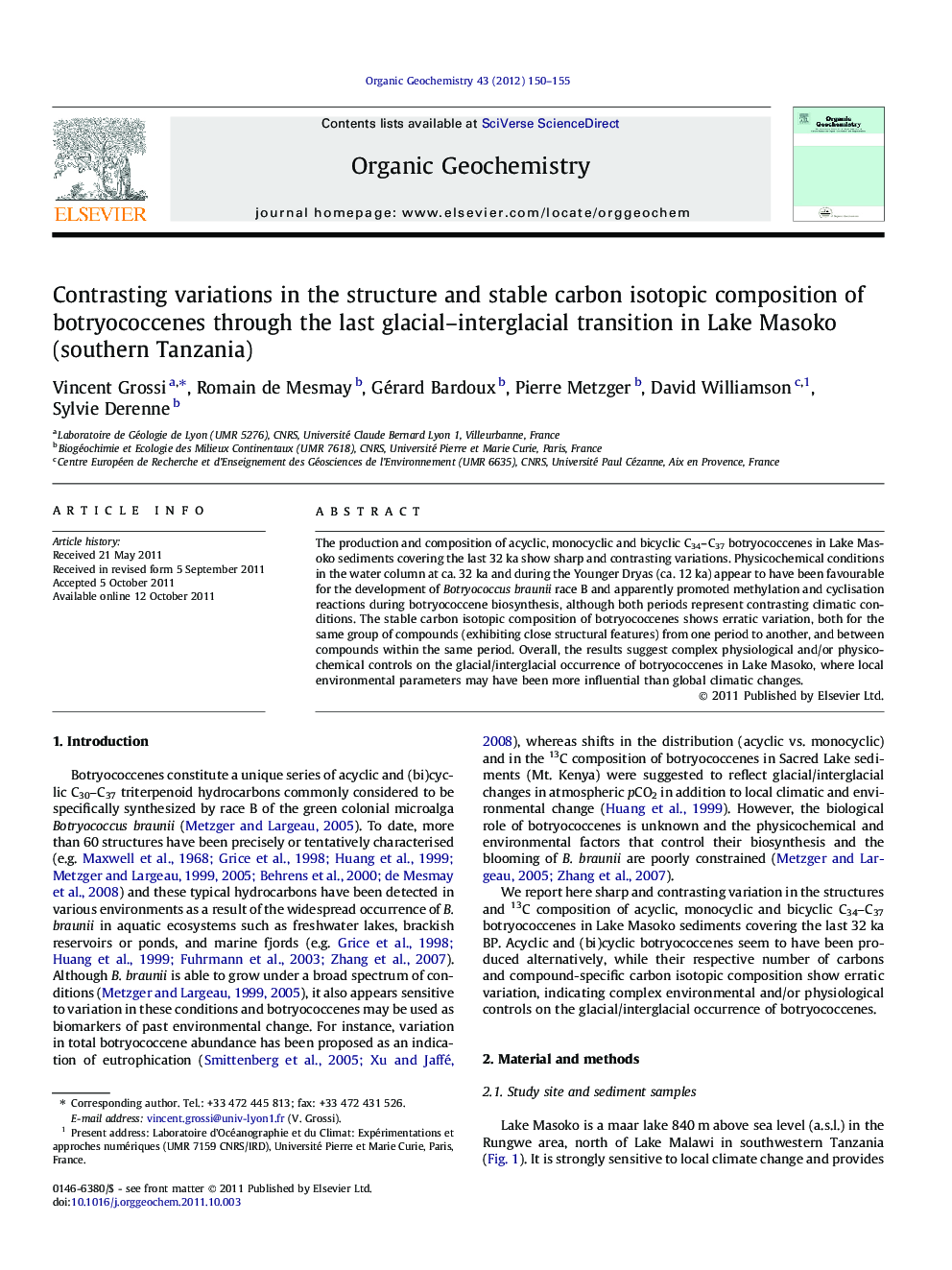 Contrasting variations in the structure and stable carbon isotopic composition of botryococcenes through the last glacial-interglacial transition in Lake Masoko (southern Tanzania)