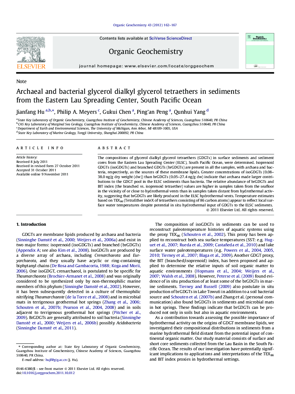 Archaeal and bacterial glycerol dialkyl glycerol tetraethers in sediments from the Eastern Lau Spreading Center, South Pacific Ocean