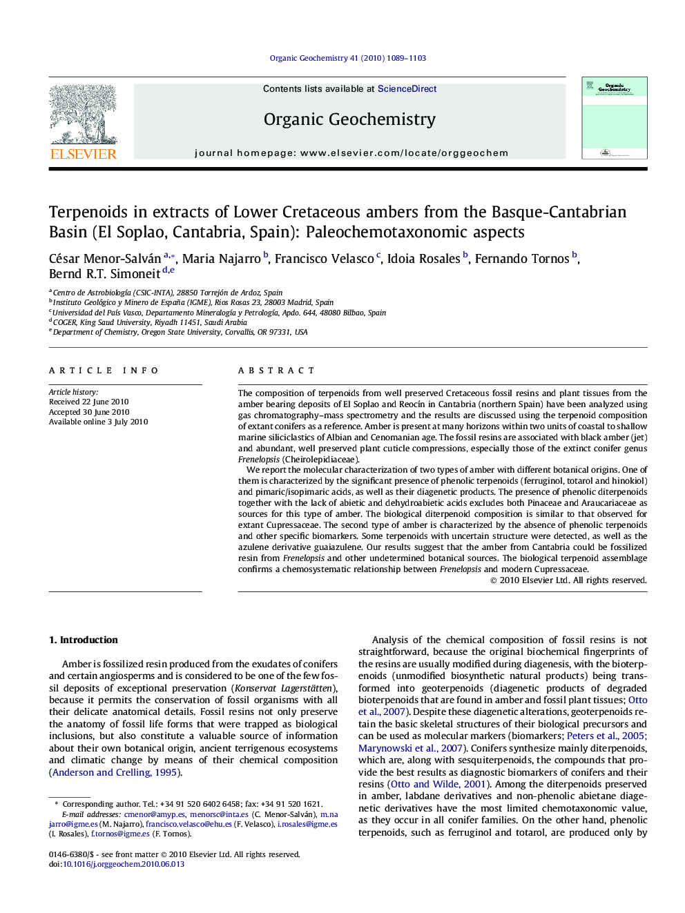 Terpenoids in extracts of Lower Cretaceous ambers from the Basque-Cantabrian Basin (El Soplao, Cantabria, Spain): Paleochemotaxonomic aspects
