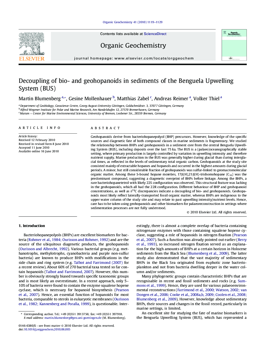 Decoupling of bio- and geohopanoids in sediments of the Benguela Upwelling System (BUS)