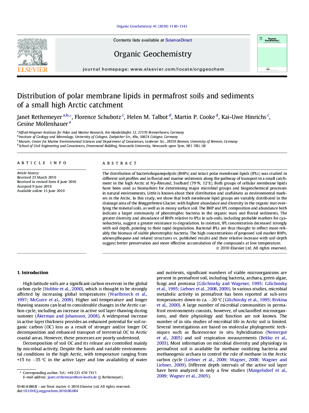 Distribution of polar membrane lipids in permafrost soils and sediments of a small high Arctic catchment