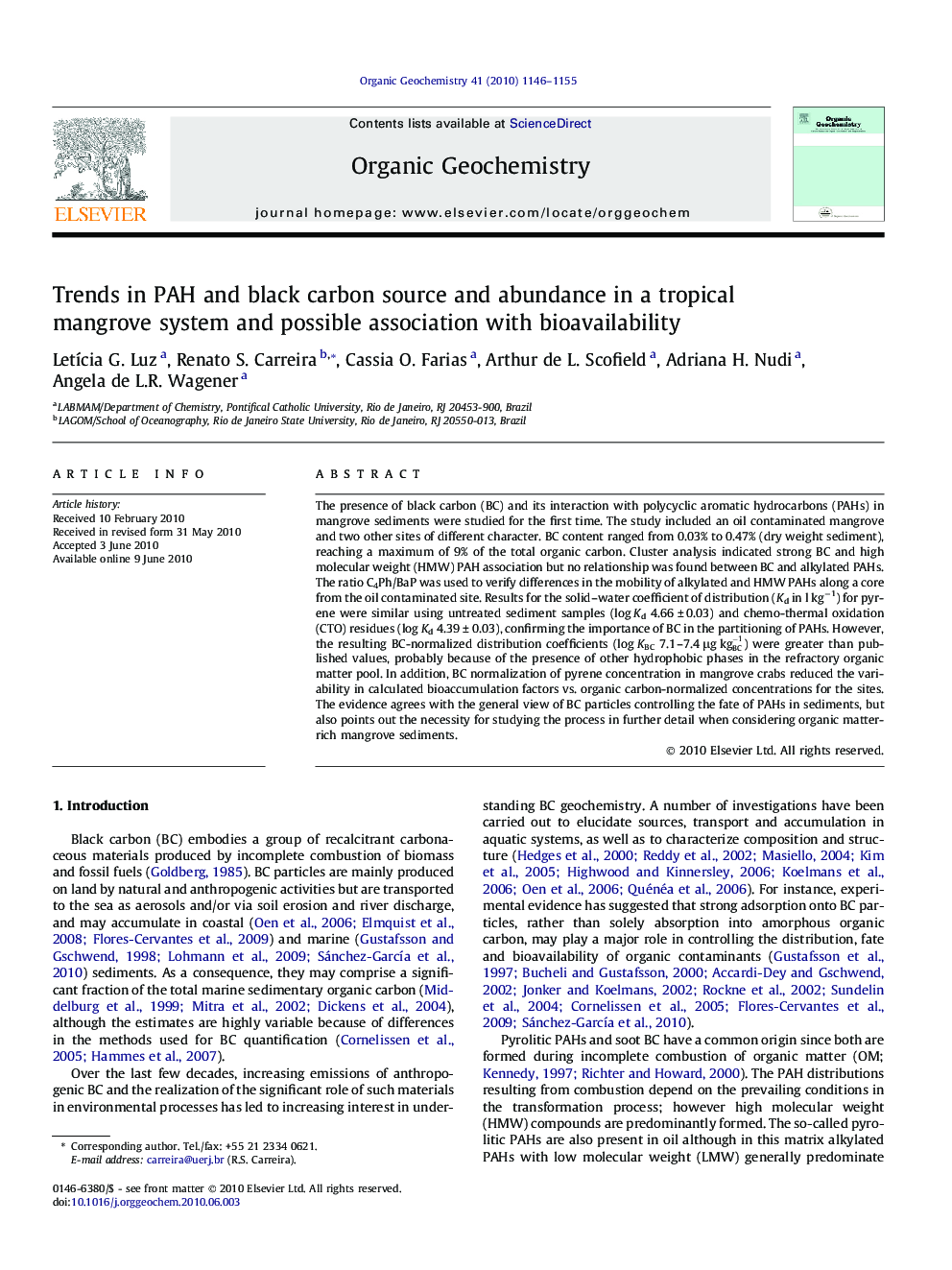 Trends in PAH and black carbon source and abundance in a tropical mangrove system and possible association with bioavailability