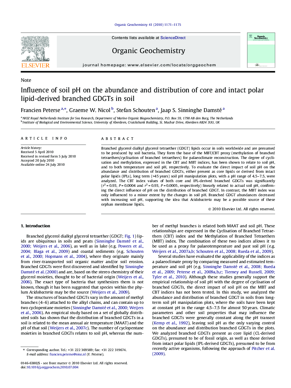 Influence of soil pH on the abundance and distribution of core and intact polar lipid-derived branched GDGTs in soil