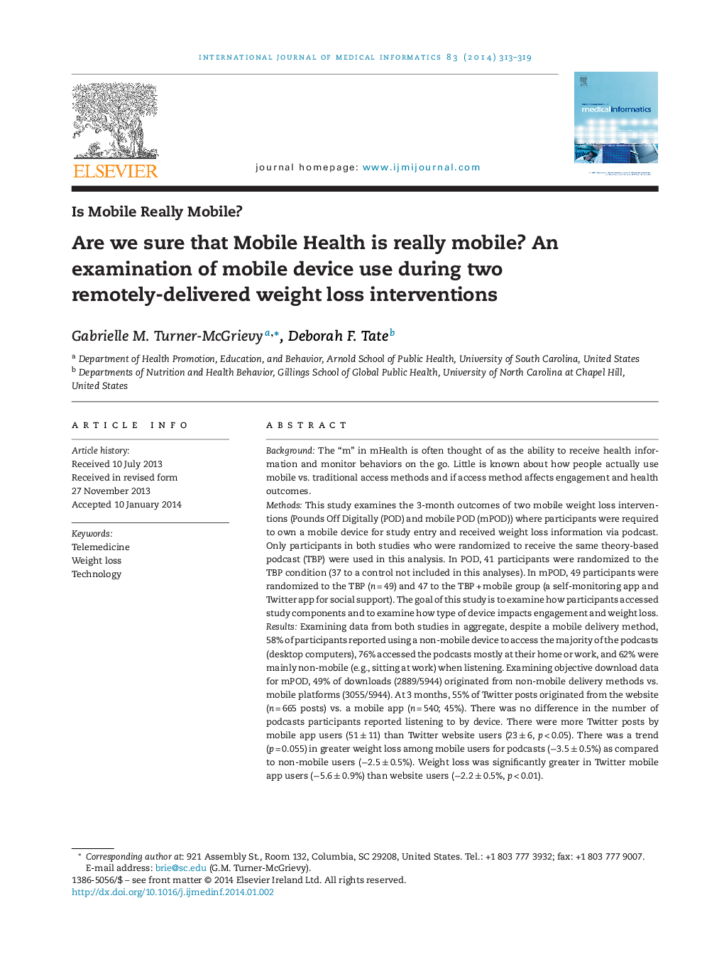 Are we sure that Mobile Health is really mobile? An examination of mobile device use during two remotely-delivered weight loss interventions