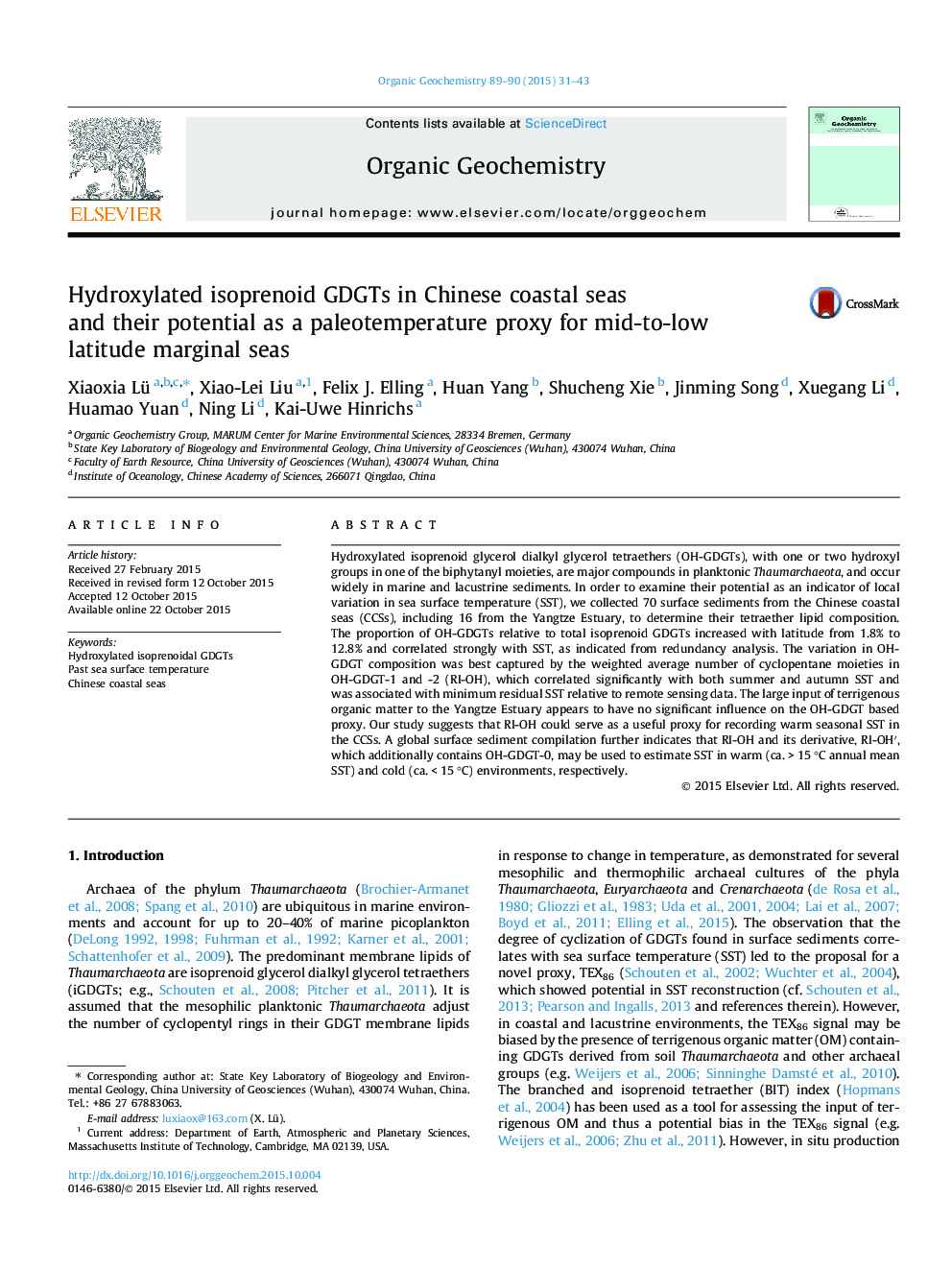 Hydroxylated isoprenoid GDGTs in Chinese coastal seas and their potential as a paleotemperature proxy for mid-to-low latitude marginal seas