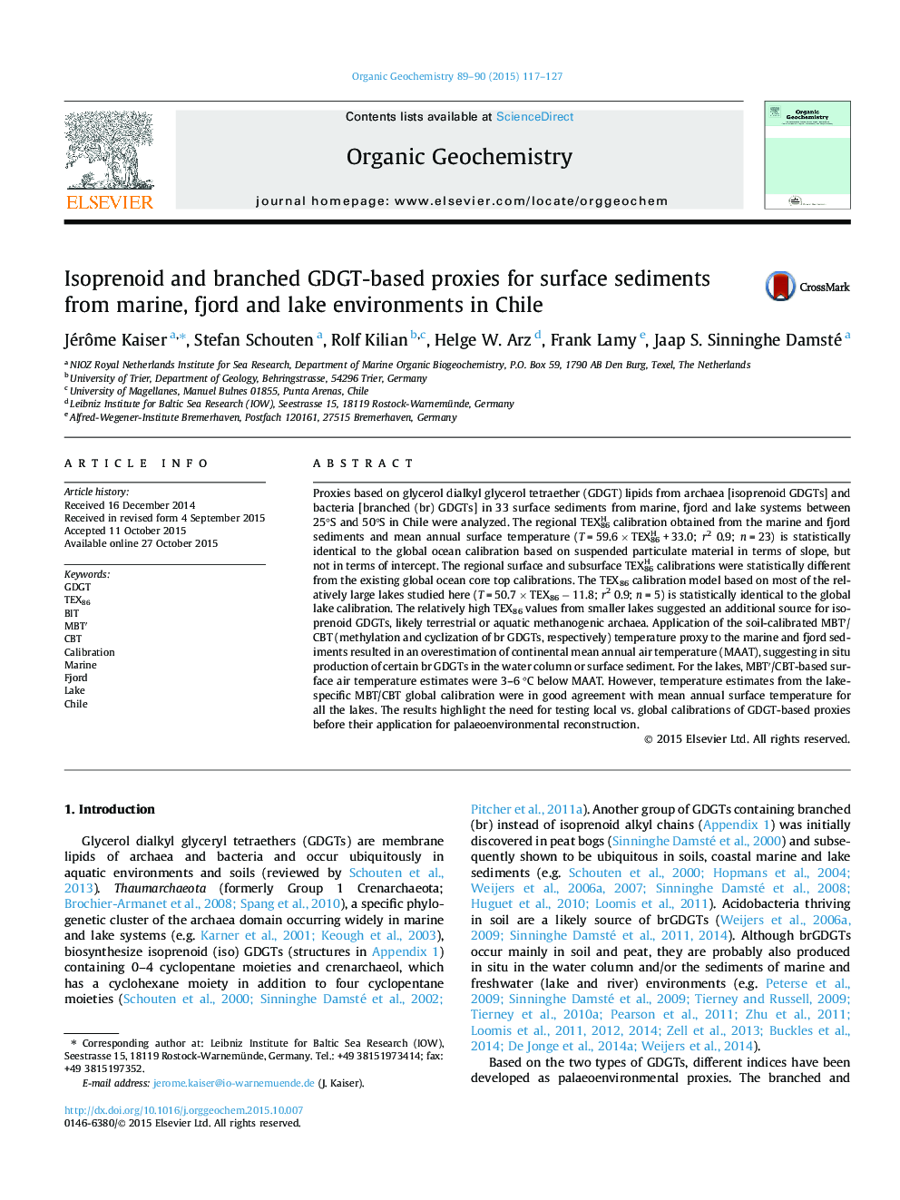 Isoprenoid and branched GDGT-based proxies for surface sediments from marine, fjord and lake environments in Chile