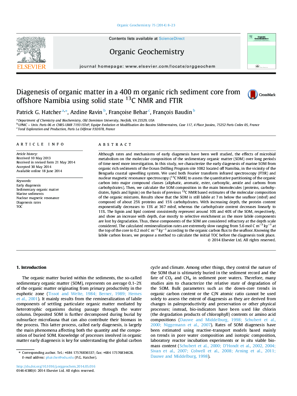 Diagenesis of organic matter in a 400 m organic rich sediment core from offshore Namibia using solid state 13C NMR and FTIR