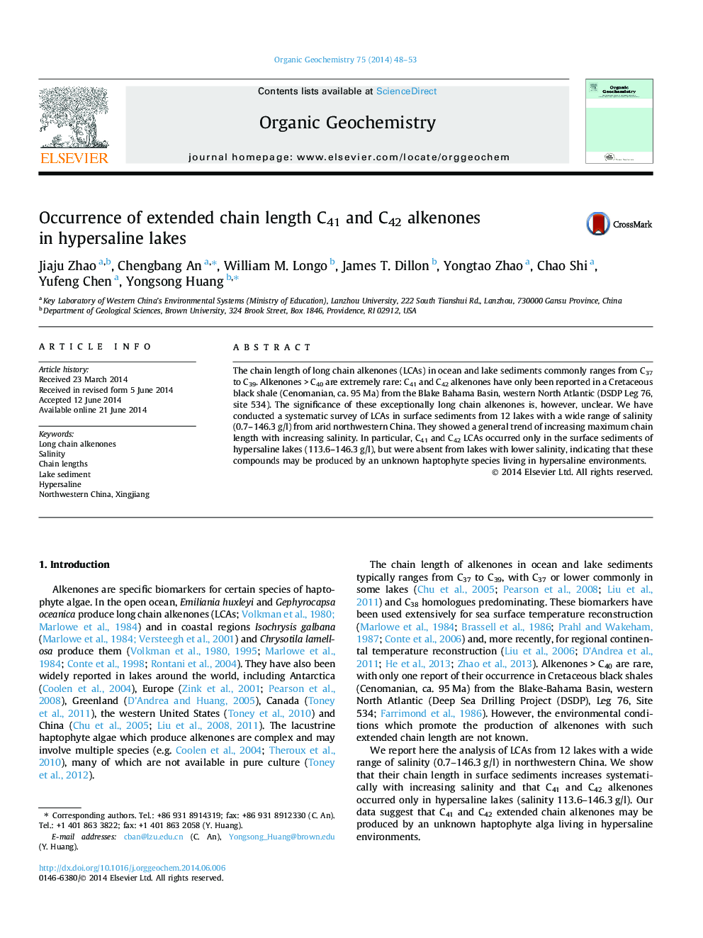 Occurrence of extended chain length C41 and C42 alkenones in hypersaline lakes