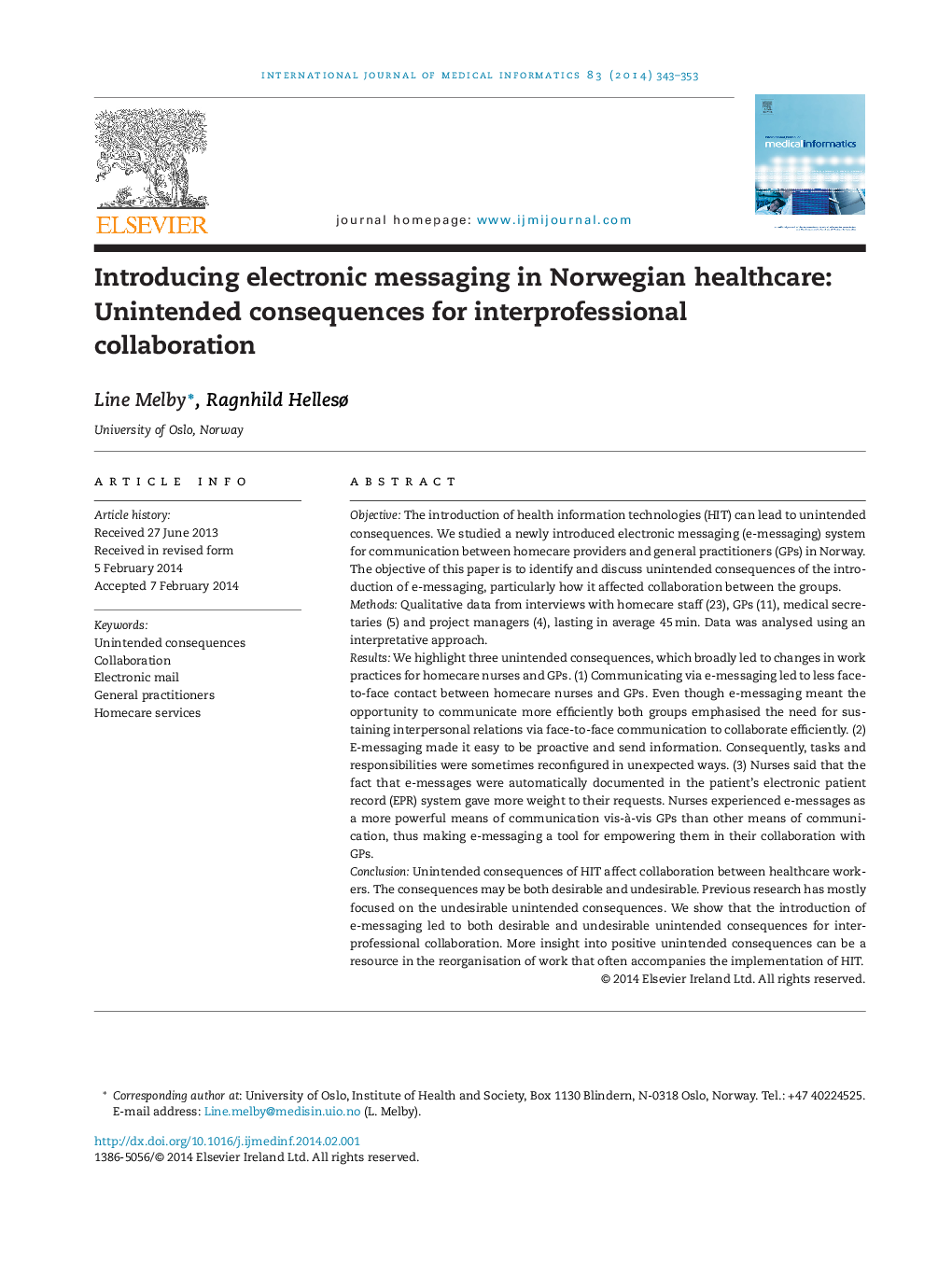 Introducing electronic messaging in Norwegian healthcare: Unintended consequences for interprofessional collaboration