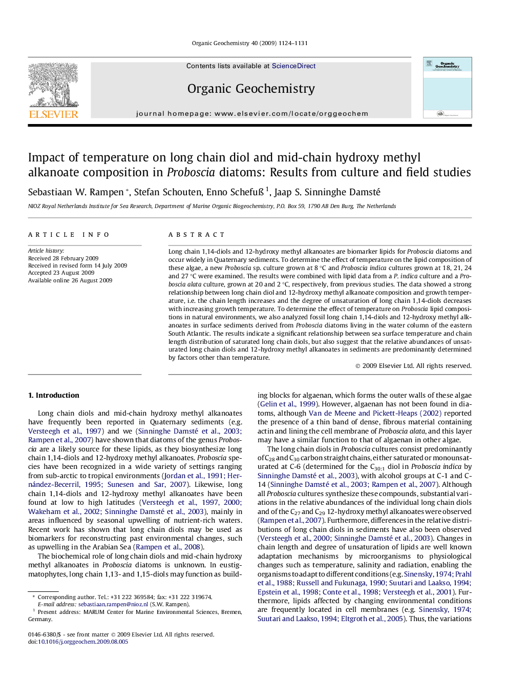 Impact of temperature on long chain diol and mid-chain hydroxy methyl alkanoate composition in Proboscia diatoms: Results from culture and field studies