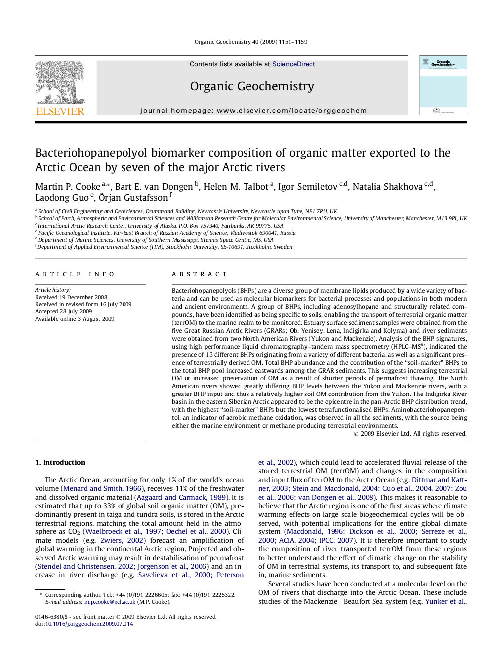 Bacteriohopanepolyol biomarker composition of organic matter exported to the Arctic Ocean by seven of the major Arctic rivers