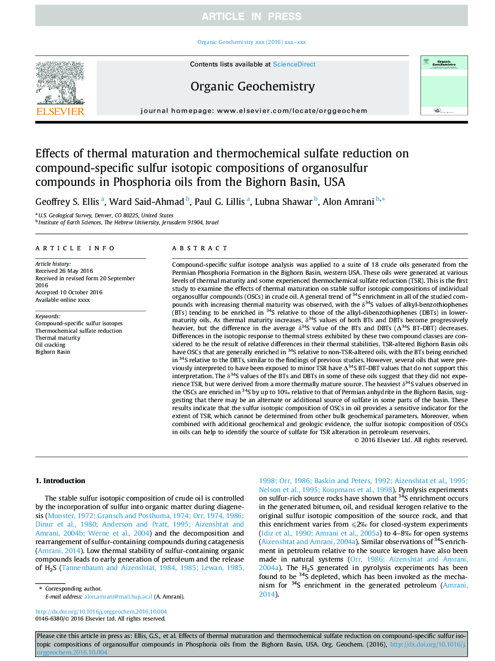 Effects of thermal maturation and thermochemical sulfate reduction on compound-specific sulfur isotopic compositions of organosulfur compounds in Phosphoria oils from the Bighorn Basin, USA