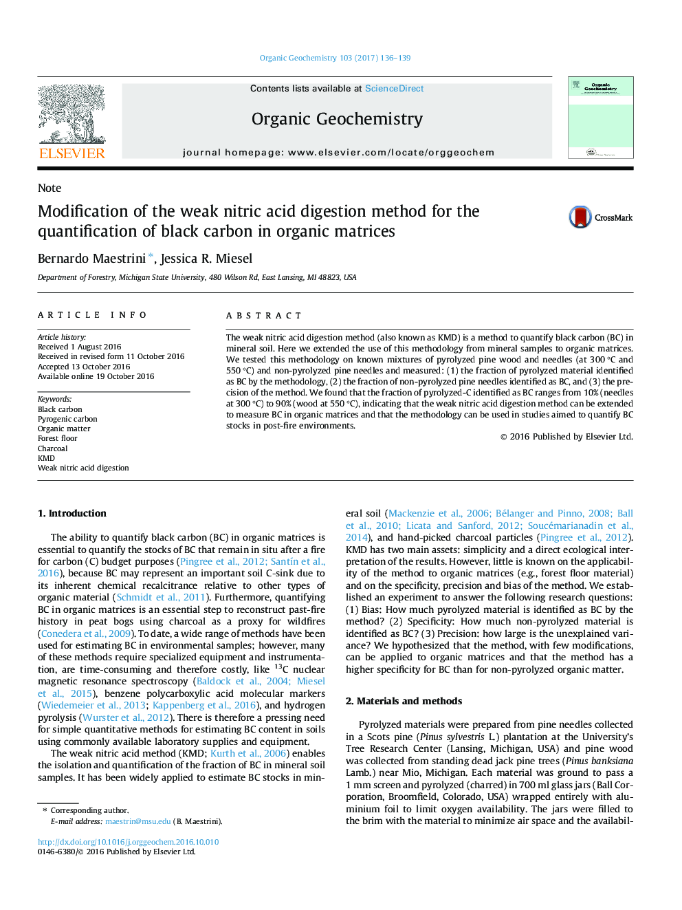 Modification of the weak nitric acid digestion method for the quantification of black carbon in organic matrices