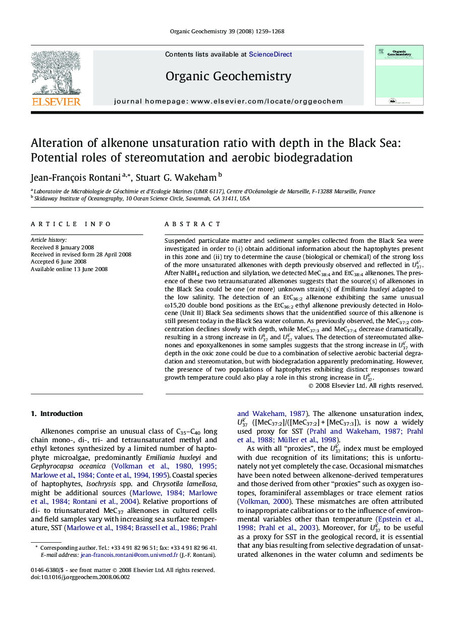 Alteration of alkenone unsaturation ratio with depth in the Black Sea: Potential roles of stereomutation and aerobic biodegradation