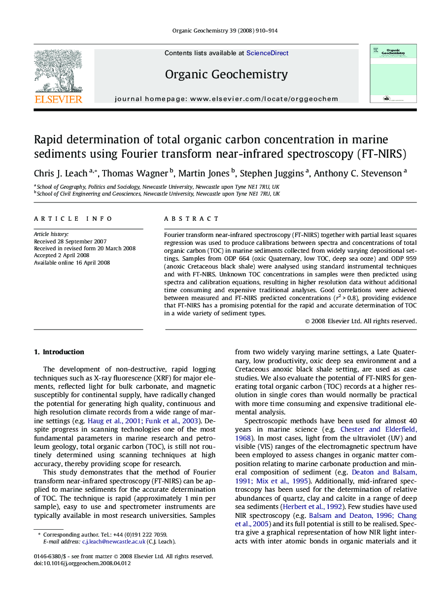 Rapid determination of total organic carbon concentration in marine sediments using Fourier transform near-infrared spectroscopy (FT-NIRS)