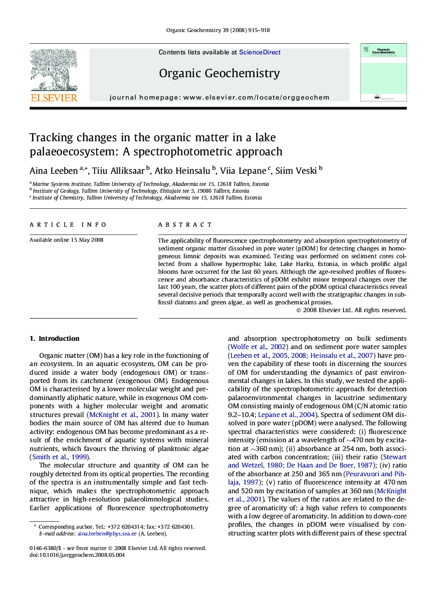 عکس صفحه اول مقاله: Tracking changes in the organic matter in a lake palaeoecosystem: A spectrophotometric approach Tracking changes in the organic matter in a lake palaeoecosystem: A spectrophotometric approach