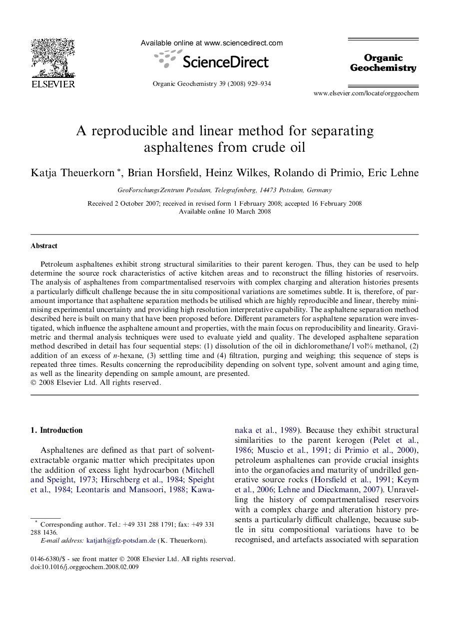 عکس صفحه اول مقاله: A reproducible and linear method for separating asphaltenes from crude oil A reproducible and linear method for separating asphaltenes from crude oil