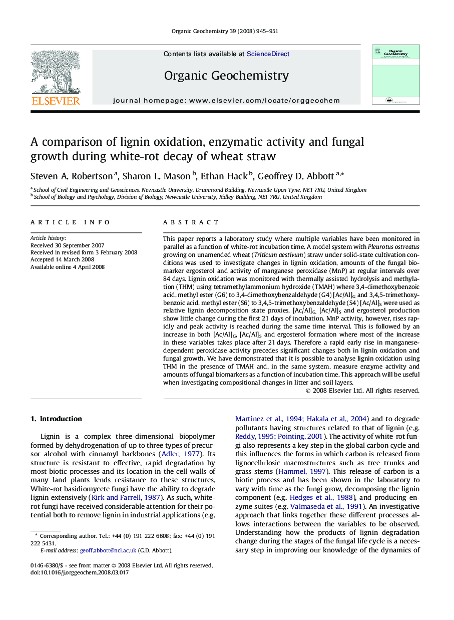 عکس صفحه اول مقاله: A comparison of lignin oxidation, enzymatic activity and fungal growth during white-rot decay of wheat straw A comparison of lignin oxidation, enzymatic activity and fungal growth during white-rot decay of wheat straw