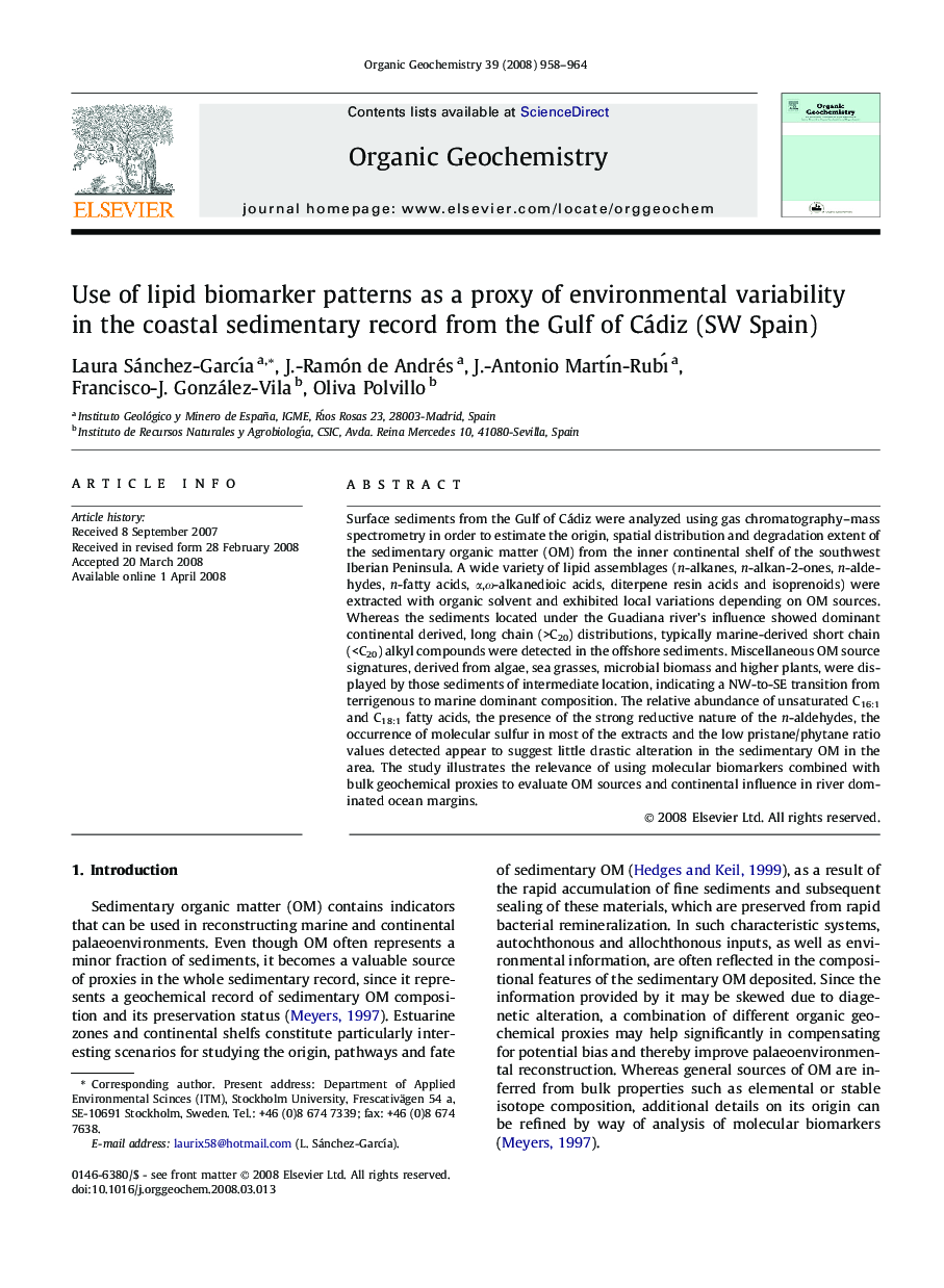 Use of lipid biomarker patterns as a proxy of environmental variability in the coastal sedimentary record from the Gulf of Cádiz (SW Spain)
