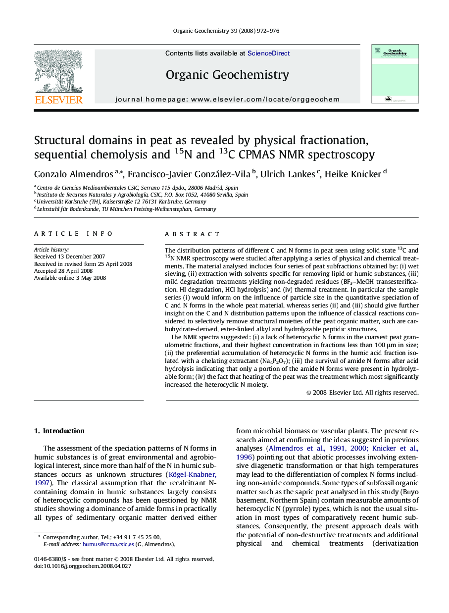 Structural domains in peat as revealed by physical fractionation, sequential chemolysis and 15N and 13C CPMAS NMR spectroscopy