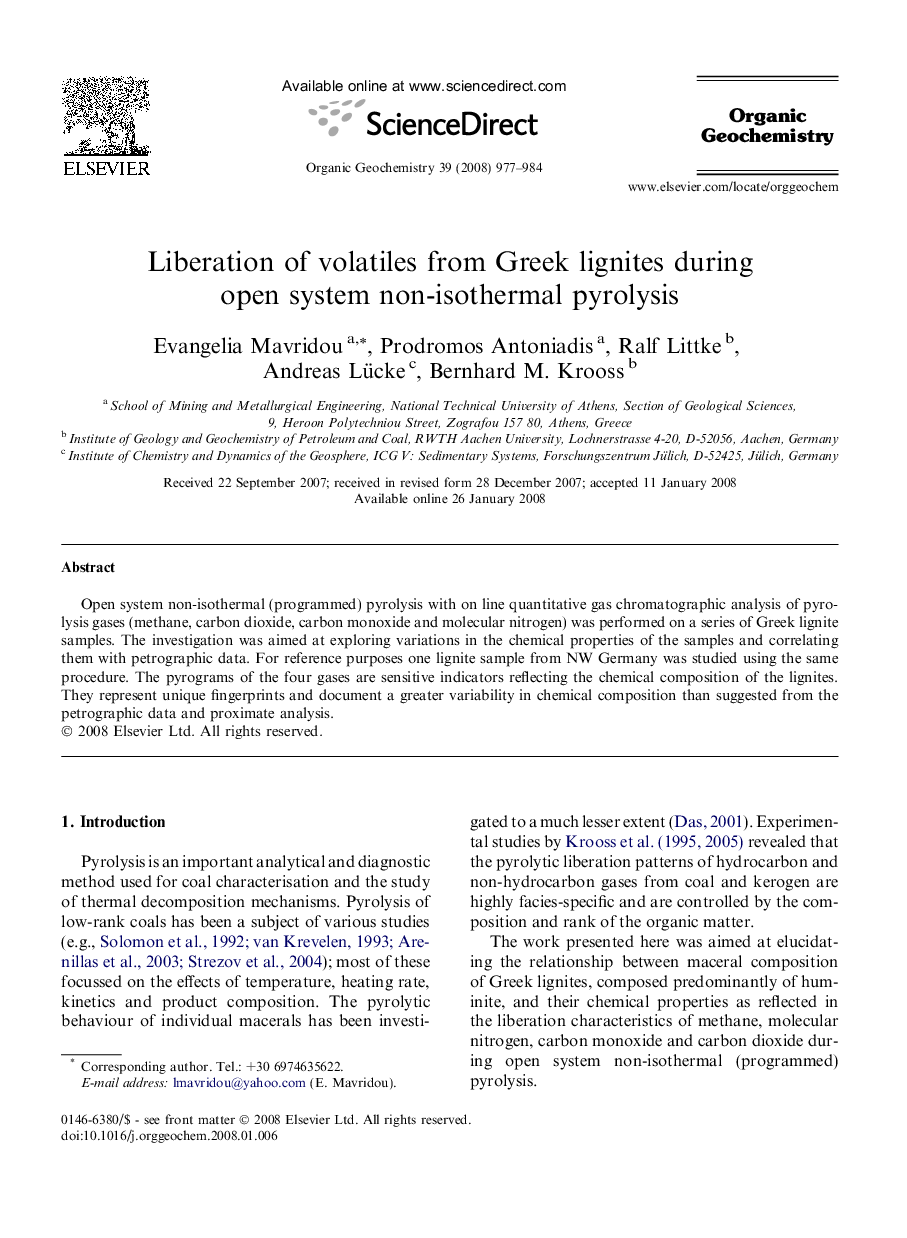 عکس صفحه اول مقاله: Liberation of volatiles from Greek lignites during open system non-isothermal pyrolysis Liberation of volatiles from Greek lignites during open system non-isothermal pyrolysis