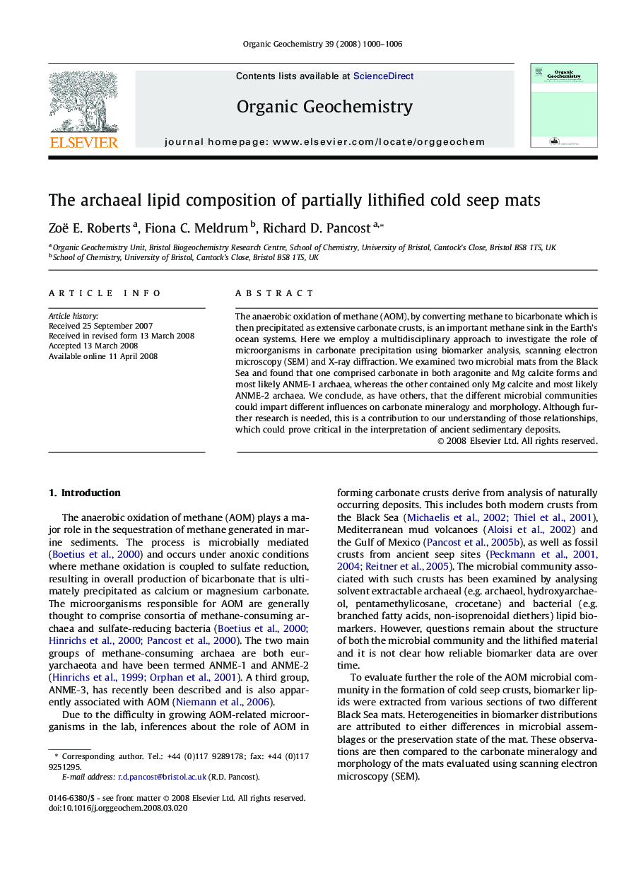 عکس صفحه اول مقاله: The archaeal lipid composition of partially lithified cold seep mats The archaeal lipid composition of partially lithified cold seep mats