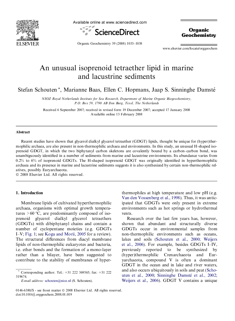 An unusual isoprenoid tetraether lipid in marine and lacustrine sediments