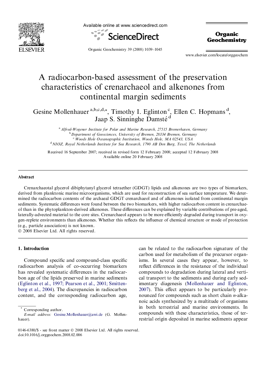عکس صفحه اول مقاله: A radiocarbon-based assessment of the preservation characteristics of crenarchaeol and alkenones from continental margin sediments A radiocarbon-based assessment of the preservation characteristics of crenarchaeol and alkenones from continental margin sediments