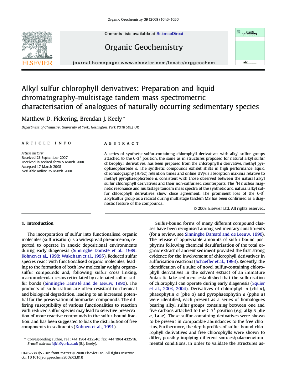عکس صفحه اول مقاله: Alkyl sulfur chlorophyll derivatives: Preparation and liquid chromatography-multistage tandem mass spectrometric characterisation of analogues of naturally occurring sedimentary species Alkyl sulfur chlorophyll derivatives: Preparation and liquid chromatography-multistage tandem mass spectrometric characterisation of analogues of naturally occurring sedimentary species
