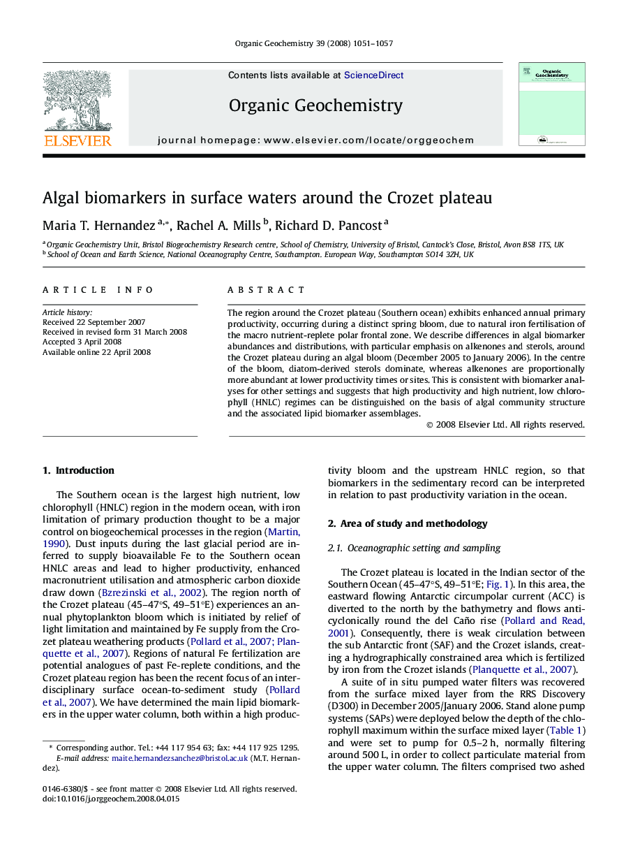 Algal biomarkers in surface waters around the Crozet plateau