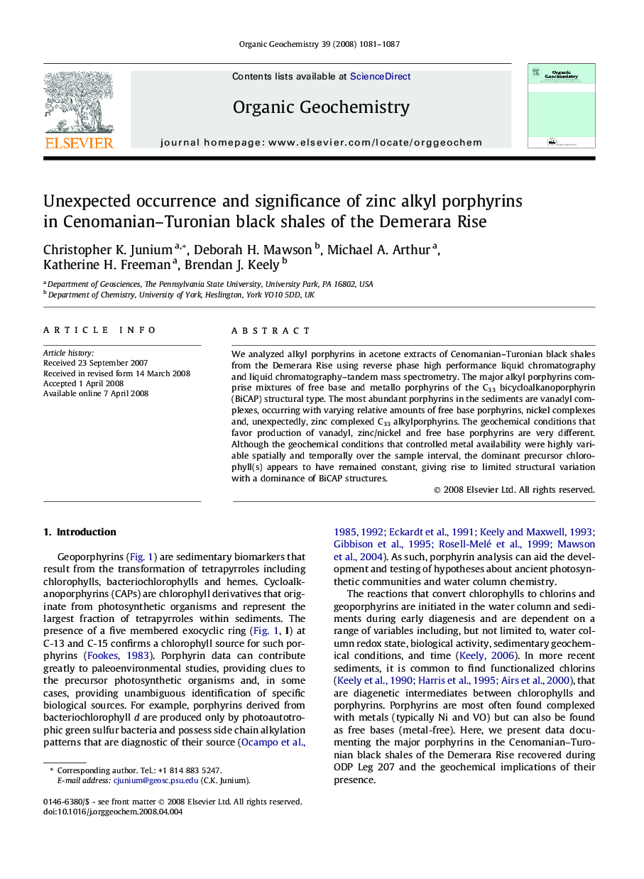 Unexpected occurrence and significance of zinc alkyl porphyrins in Cenomanian-Turonian black shales of the Demerara Rise
