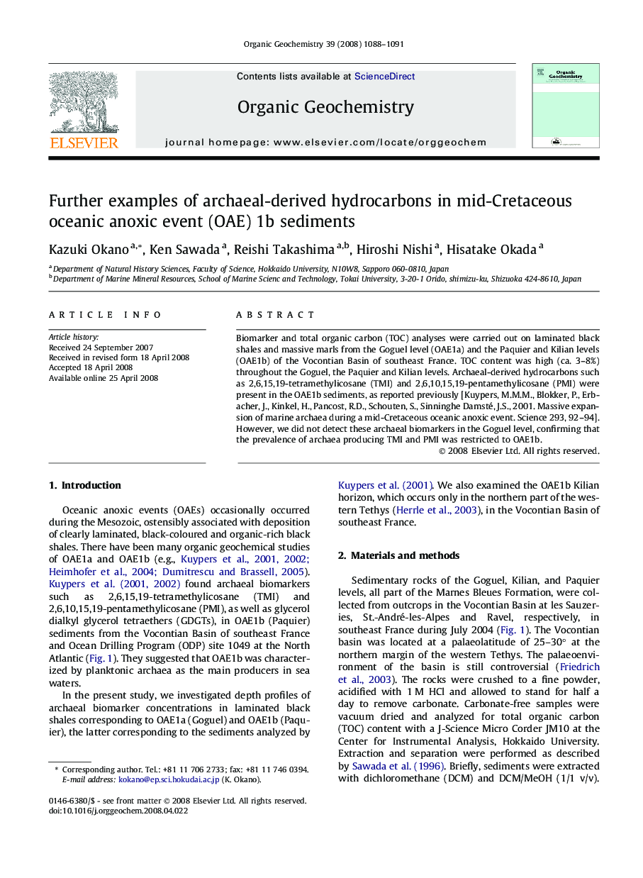 Further examples of archaeal-derived hydrocarbons in mid-Cretaceous oceanic anoxic event (OAE) 1b sediments