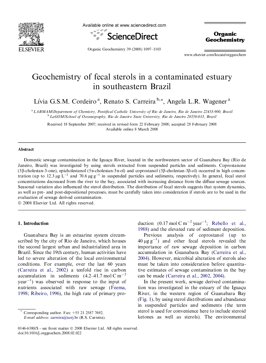 Geochemistry of fecal sterols in a contaminated estuary in southeastern Brazil